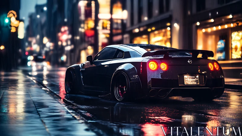 Rain-soaked GT sports coupe under neon urban luminance at dusk.
