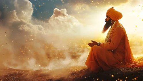 Digital painting of meditative sage in luminous cloudscape.