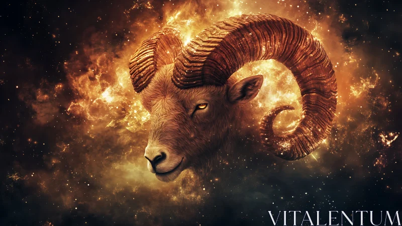 Celestial ram gazes calmly from glowing golden starlight
