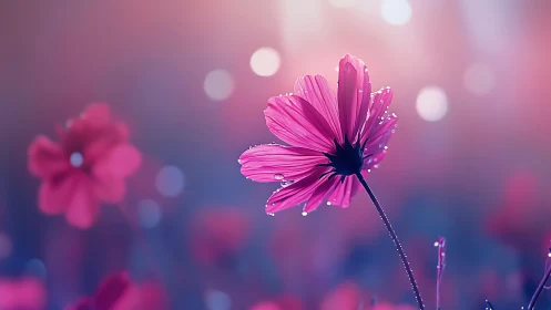 Backlit pink cosmos macro with dewdrops and creamy bokeh field