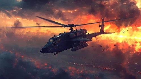 Attack helicopter flies through dense fiery storm clouds