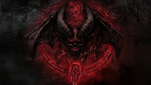 Demonic skull emblem with horned wings rendered in high contrast red