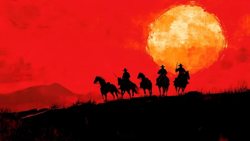 Riders on horseback crossing ridge under large red sun.
