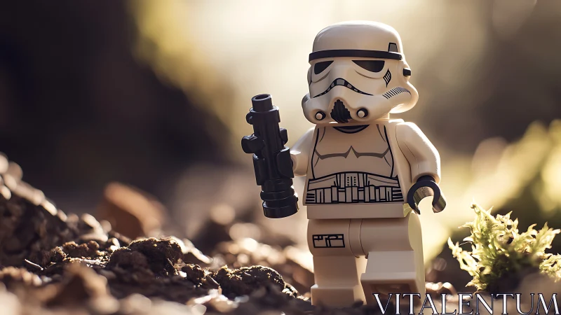 Lego stormtrooper minifigure stands on soil in soft sunlight