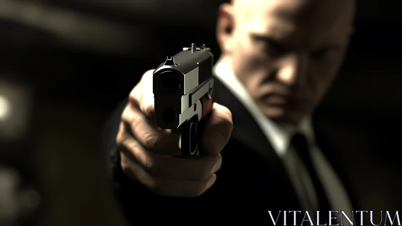 Bald suited agent aiming handgun in shallow depth focus.