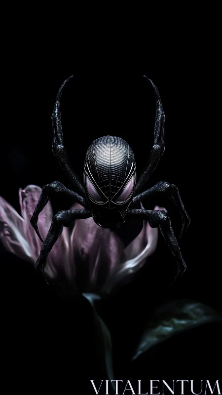 Cybernetic spider entity poised above dusky tulip bloom.