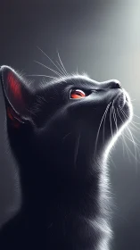 Black Cat with Glowing Red Eyes Looking Upward.