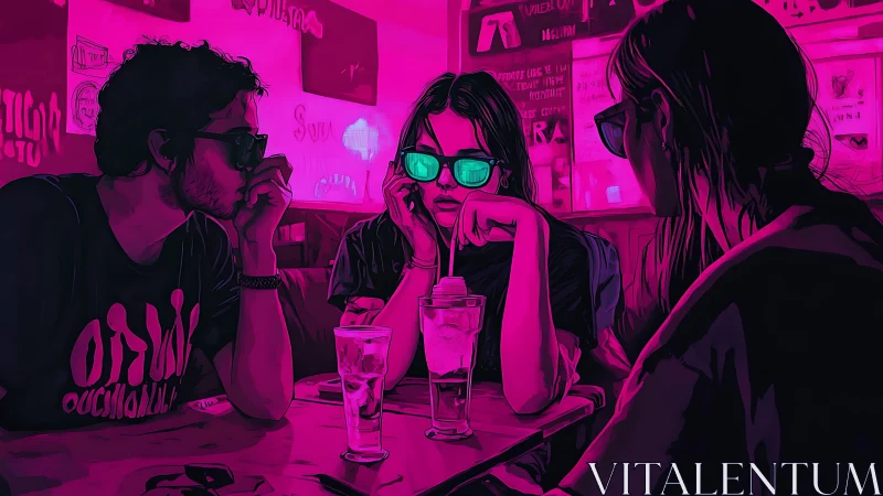 Trio of friends in neon bar wearing sunglasses at night.