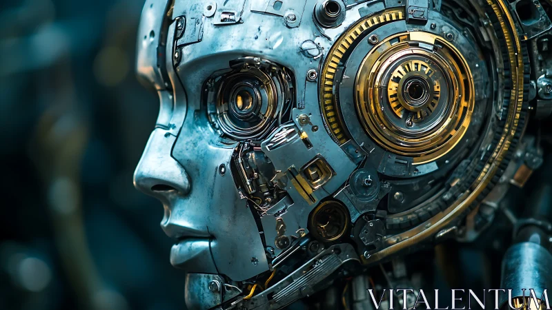 Cybernetic portrait revealing intricate chrome and gold core.