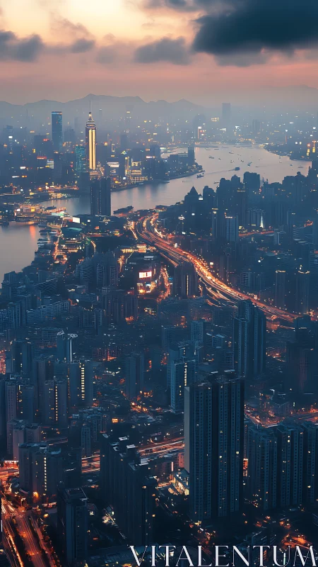 High-rise riverfront cityscape is captured at dusk