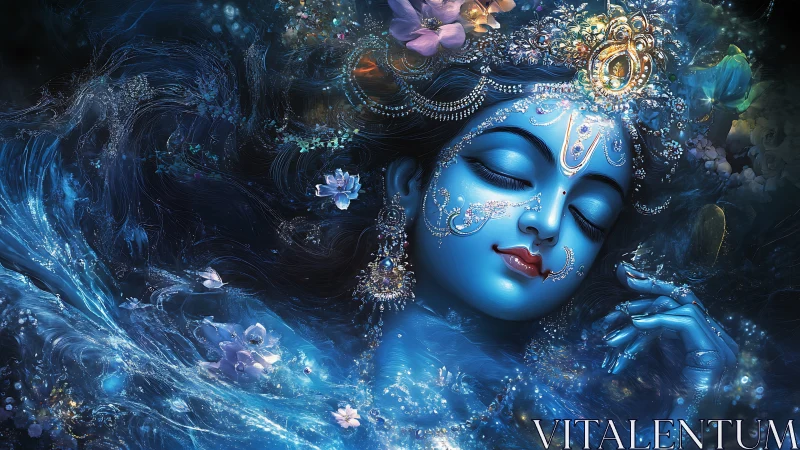 Celestial blue goddess dreaming in swirling cosmic waters.