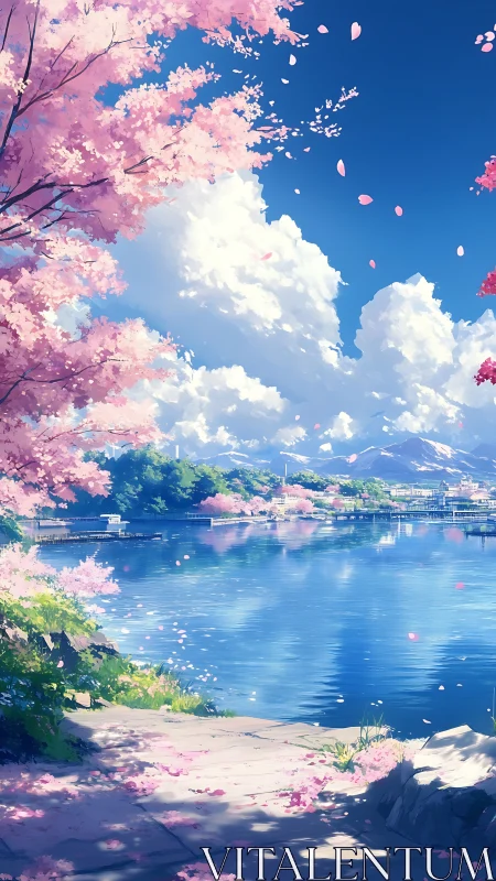 Sakura-lined lakeside panorama under towering cumulus clouds.