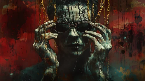 Dark figure adjusts shades amid dripping gilded chains.