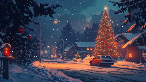 Snowlit village pauses as a towering Christmas tree glows