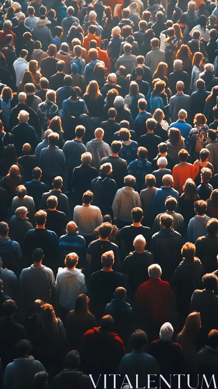 Crowd stands in warm evening light, evoking quiet solidarity