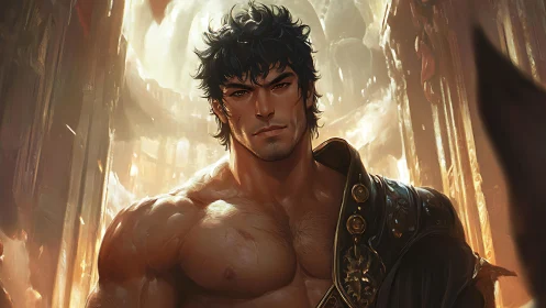 Male warrior stands in ornate interior under directional light