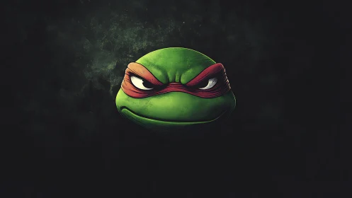 Masked turtle warrior face glows against deep black void.