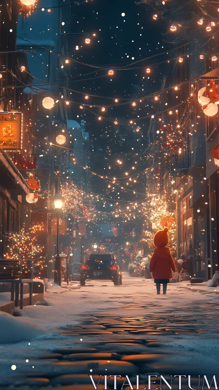 Snowlit child wandering beneath glowing winter street lights.