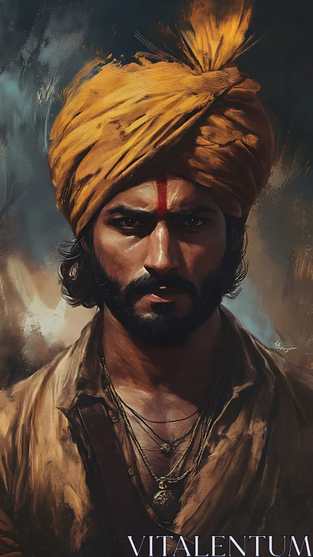 Fire-eyed desert warrior wrapped in storm-bright saffron.