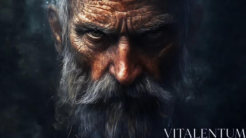 Brooding elder’s intense stare cuts through shadowed smoke