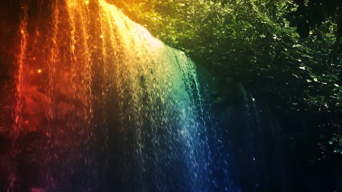 Vibrant rainbow waterfall with lush green foliage, surreal style.