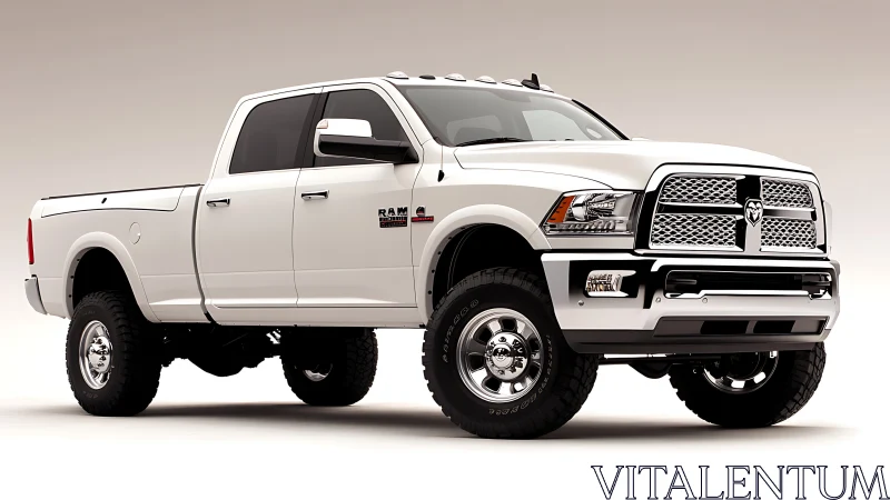 White lifted pickup truck stands in clean studio light.