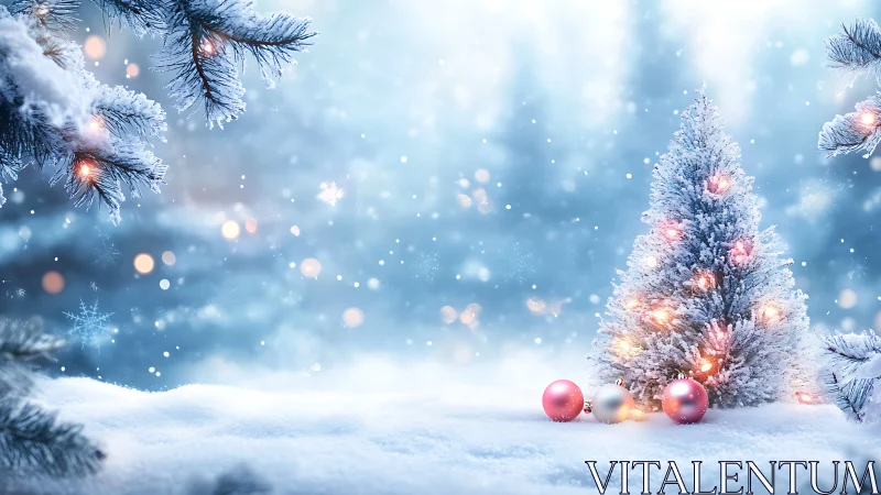 Snow covered Christmas tree glows beside pastel ornaments