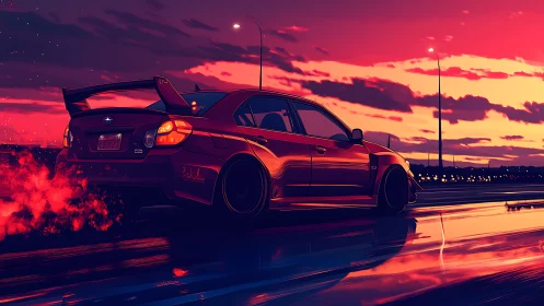Street racer car ignites neon dusk with drifting fire