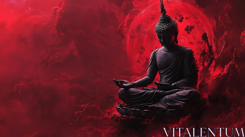 Dark Buddha statue in red cosmic storm background.