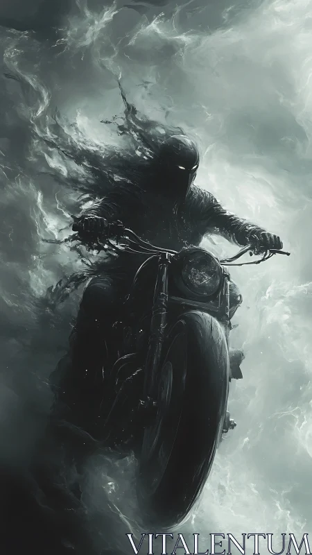 Spectral biker rides stormlit highway through swirling mist.
