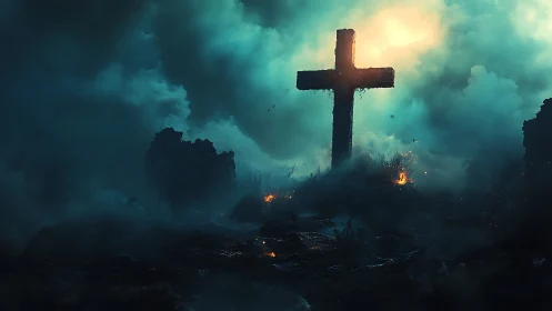 Lone cross rises through storm-lit smoke on scorched ground