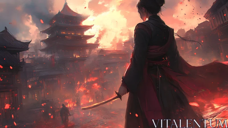 Warrior surveys burning samurai city in blazing twilight.