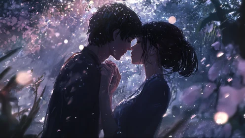 Soft night romance glows as two lovers share a tender pause