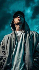 Hooded man stands under dark teal clouds at low angle