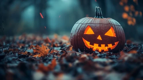 Glowing jack o lantern in damp autumn forest leaf litter at dusk