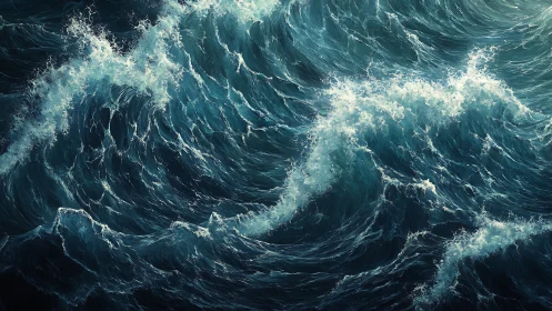 Storm-tossed ocean waves surge under cold teal light.