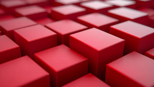 Red geometric cubes form a glossy abstract 3D landscape