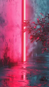 Neon alley glow with reflective rain and quiet foliage.