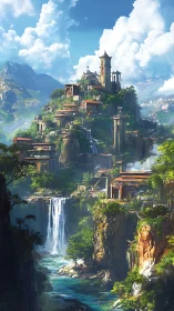 Mountain citadel overlooks cascading waterfalls and lush valley