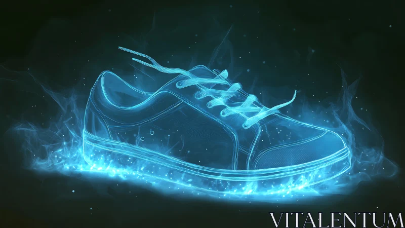 Holographic sneaker rendered in luminous cyan particle outlines