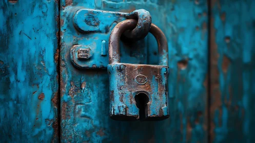Corroded steel padlock hangs on distressed turquoise metal door