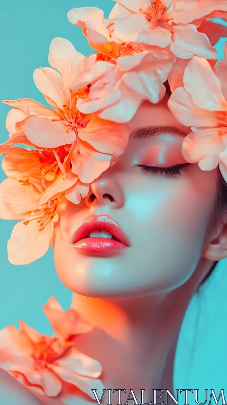 Floral-wreathed portrait bathed in neon cyan and coral glow.