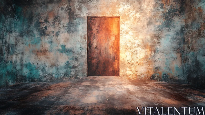 Weathered closed door in textured abstract interior room.