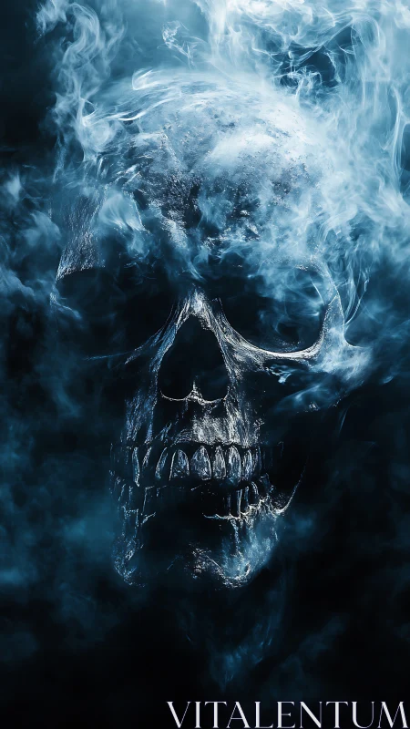 Volumetric smoke-formed skull with high-contrast blue spectral lighting