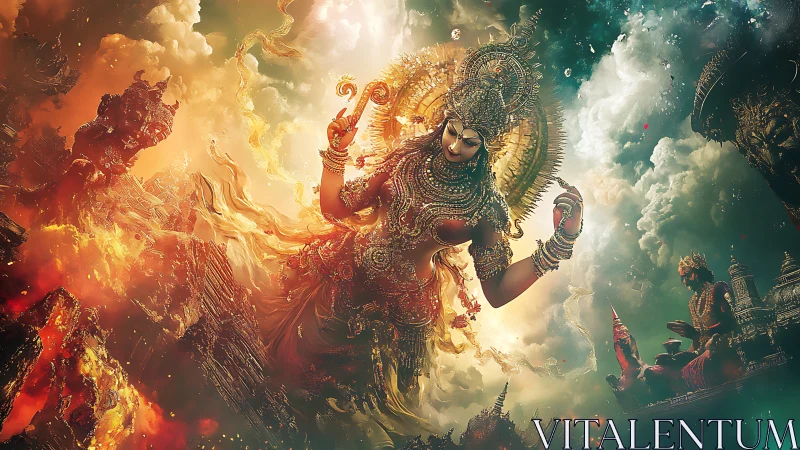 Mythic celestial goddess amid fiery temple ruins panorama.