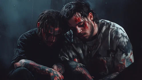 Two tattooed men sitting close in dark, somber setting.