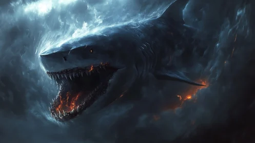 Volcanic abyssal shark emerging through storm-torn darkness