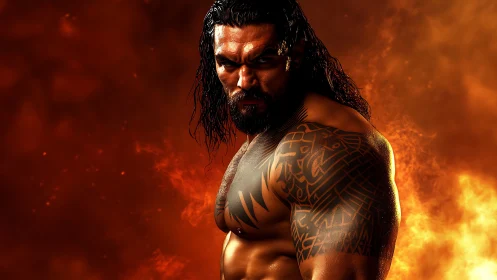 Muscular tattooed male figure stands before fiery background