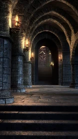 Stone corridor with vaulted arches and torchlit stairway
