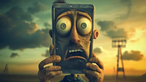 Distorted male face is framed within a handheld smartphone